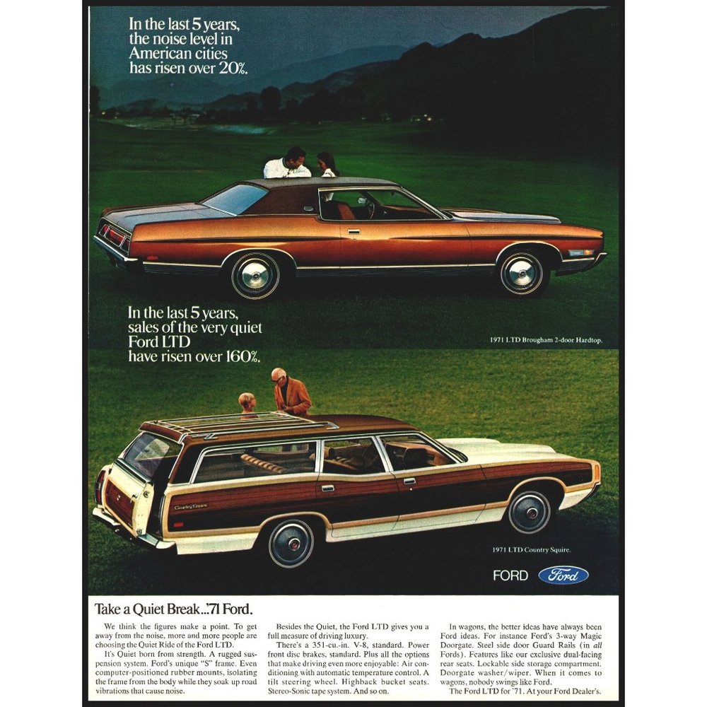 1971 Ford LTD Brougham 2 Door and Country Squire Station Wagon Vintage Print Ad